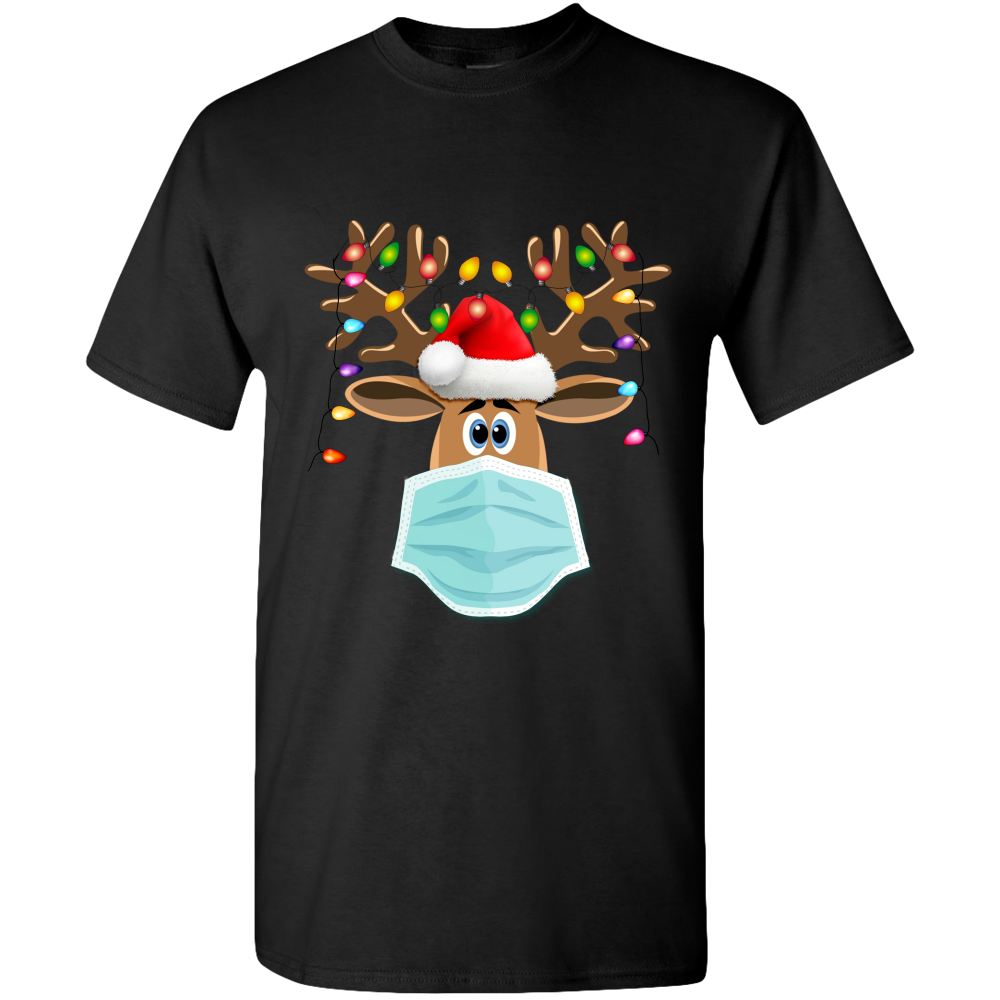 Masked Reindeer Christmas Unisex Tee Shirt . Reindeer has a blue mask , red santa hat and Christmas lights on the antlers. Very cute and comfortable!