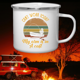 Gone Fishing Retro Style Tin Fishing And Camping 12oz Mug. image of man sitting and fishing in a boat and the caption can't work today, my arm is in a cast.