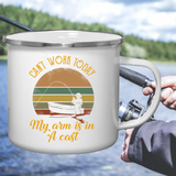 Gone Fishing Retro Style Tin Fishing And Camping 12oz Mug. image of man sitting and fishing in a boat and the caption can't work today, my arm is in a cast.