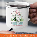 Customizable Retro Style Adventuring Together 12oz Tin Camping Mug. Personalize with your names and date