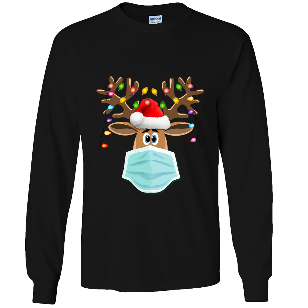 Masked Reindeer Christmas Unisex Long Sleeve  Tee Shirt . Reindeer has a blue mask , red santa hat and Christmas lights on the antlers. Very cute and comfortable!