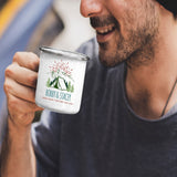 Customizable Retro Style Adventuring Together 12oz Tin Camping Mug. Personalize with your names and date