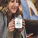 Customizable Retro Style Adventuring Together 12oz Tin Camping Mug. Personalize with your names and date