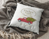 Personalized Family Name and Year Cut and Carry Vintage Christmas Tree Truck Decorative Pillow. Personalize the pillow with your family name and year or for the family that will receive this beautiful pillow case as a Christmas gift. Dimensions: 17.5 inch x 17.5 inch Material: 100% soft Polyester Zipper closure Pillow not included
