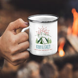 Customizable Retro Style Adventuring Together 12oz Tin Camping Mug. Personalize with your names and date