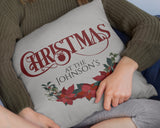 Christmas At The .. Decorative Pillow Case With Custom Personalized Family Name Personalize the pillow with your family name or for the family that will receive this beautiful pillow case as a Christmas gift. Dimensions: 17.5 inch x 17.5 inch Material: 100% soft Polyester Zipper closure Pillow not included