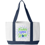 Teachers Change The World Tote Bag. Teachers have a lot to carry! Show your appreciation with the beautiful and durable Tote Bag . The perfect gift for the 2020 teacher. 19"  x  12 "  x 4" , Open,  Front Pocket Two Self-Fabric Handles. White with Blue Handles and base