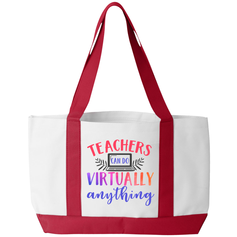Teachers can do virtually anything Durable Tote Bag. Teachers have a lot to carry! Show your appreciation with the beautiful and durable Tote Bag . The perfect gift for the 2020 teacher. 19" x 12 " x 4" , Open, Front Pocket Two Self-Fabric Handles. White with Red Handles and base