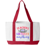 Teachers can do virtually anything Durable Tote Bag. Teachers have a lot to carry! Show your appreciation with the beautiful and durable Tote Bag . The perfect gift for the 2020 teacher. 19" x 12 " x 4" , Open, Front Pocket Two Self-Fabric Handles. White with Red Handles and base