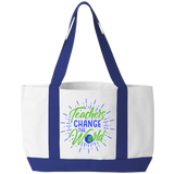 Teachers Change The World Tote Bag. Teachers have a lot to carry! Show your appreciation with the beautiful and durable Tote Bag . The perfect gift for the 2020 teacher. 19"  x  12 "  x 4" , Open,  Front Pocket Two Self-Fabric Handles. White with Royal Blue Handles and base