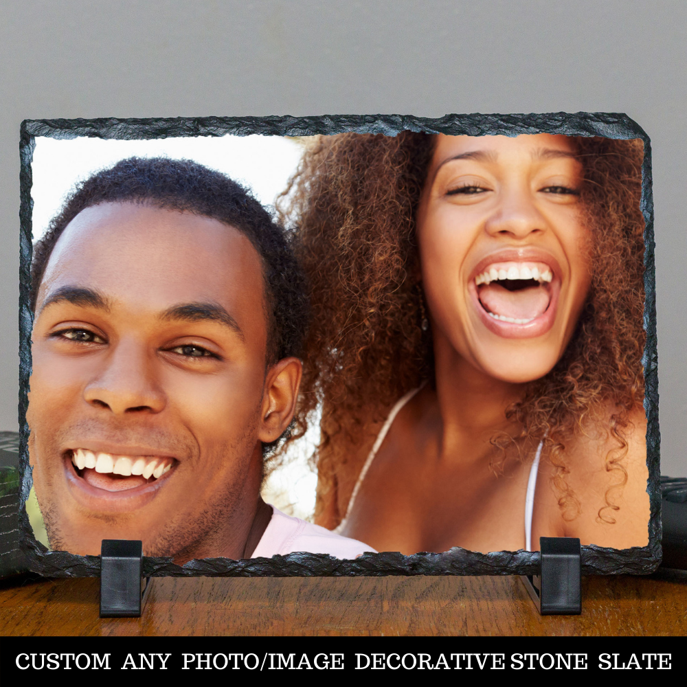 Personalized Custom Photo or Image Rectangle Decorative Stone Slate. Comes with two Black Plastic Stands to display on any desk or mantle. 7"w x 5"h x 3/8" Thick. Personalize with any Family, Pet or other photo/image to create a keepsake that will last a lifetime. Memorialize a loved one or use your favorite inspirational quote. Perfect gift for Christmas, Birthday's, Anniversaries, Mother's day and many more occasions.  