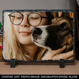 Personalized Custom Photo or Image Rectangle Decorative Stone Slate. Comes with two Black Plastic Stands to display on any desk or mantle. 7"w x 5"h x 3/8" Thick. Personalize with any Family, Pet or other photo/image to create a keepsake that will last a lifetime. Memorialize a loved one or use your favorite inspirational quote. Perfect gift for Christmas, Birthday's, Anniversaries, Mother's day and many more occasions.