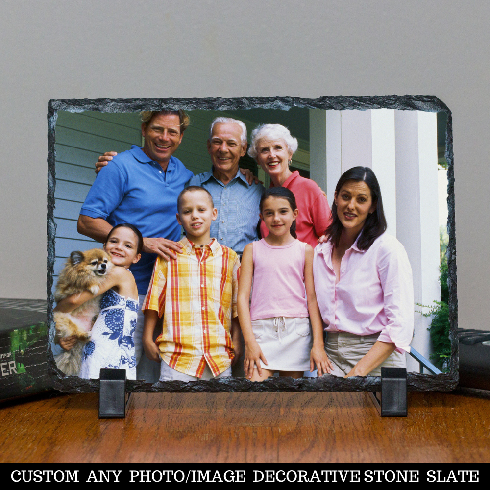Personalized Custom Photo or Image Rectangle Decorative Stone Slate. Comes with two Black Plastic Stands to display on any desk or mantle. 7"w x 5"h x 3/8" Thick. Personalize with any Family, Pet or other photo/image to create a keepsake that will last a lifetime. Memorialize a loved one or use your favorite inspirational quote. Perfect gift for Christmas, Birthday's, Anniversaries, Mother's day and many more occasions.