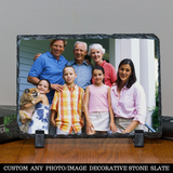 Personalized Custom Photo or Image Rectangle Decorative Stone Slate. Comes with two Black Plastic Stands to display on any desk or mantle. 7"w x 5"h x 3/8" Thick. Personalize with any Family, Pet or other photo/image to create a keepsake that will last a lifetime. Memorialize a loved one or use your favorite inspirational quote. Perfect gift for Christmas, Birthday's, Anniversaries, Mother's day and many more occasions.