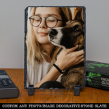 Personalized Custom Photo or Image Rectangle Decorative Stone Slate. Comes with two Black Plastic Stands to display on any desk or mantle. 5"w x 7"h x 3/8" Thick. Personalize with any Family, Pet or other photo/image to create a keepsake that will last a lifetime. Memorialize a loved one or use your favorite inspirational quote. Perfect gift for Christmas, Birthday's, Anniversaries, Mother's day and many more occasions.