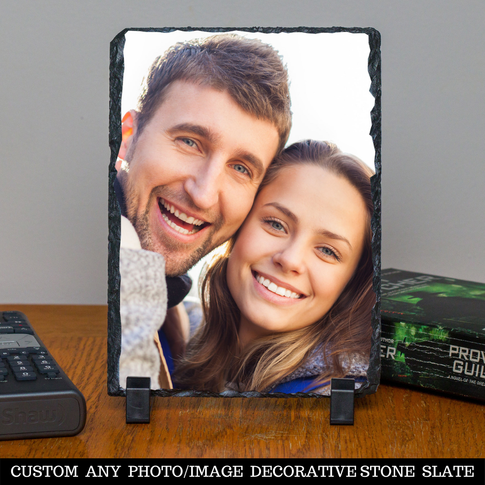 Personalized Custom Photo or Image Rectangle Decorative Stone Slate. Comes with two Black Plastic Stands to display on any desk or mantle. 5"w x 7"h x 3/8" Thick. Personalize with any Family, Pet or other photo/image to create a keepsake that will last a lifetime. Memorialize a loved one or use your favorite inspirational quote. Perfect gift for Christmas, Birthday's, Anniversaries, Mother's day and many more occasions.