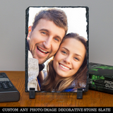 Personalized Custom Photo or Image Rectangle Decorative Stone Slate. Comes with two Black Plastic Stands to display on any desk or mantle. 5"w x 7"h x 3/8" Thick. Personalize with any Family, Pet or other photo/image to create a keepsake that will last a lifetime. Memorialize a loved one or use your favorite inspirational quote. Perfect gift for Christmas, Birthday's, Anniversaries, Mother's day and many more occasions.