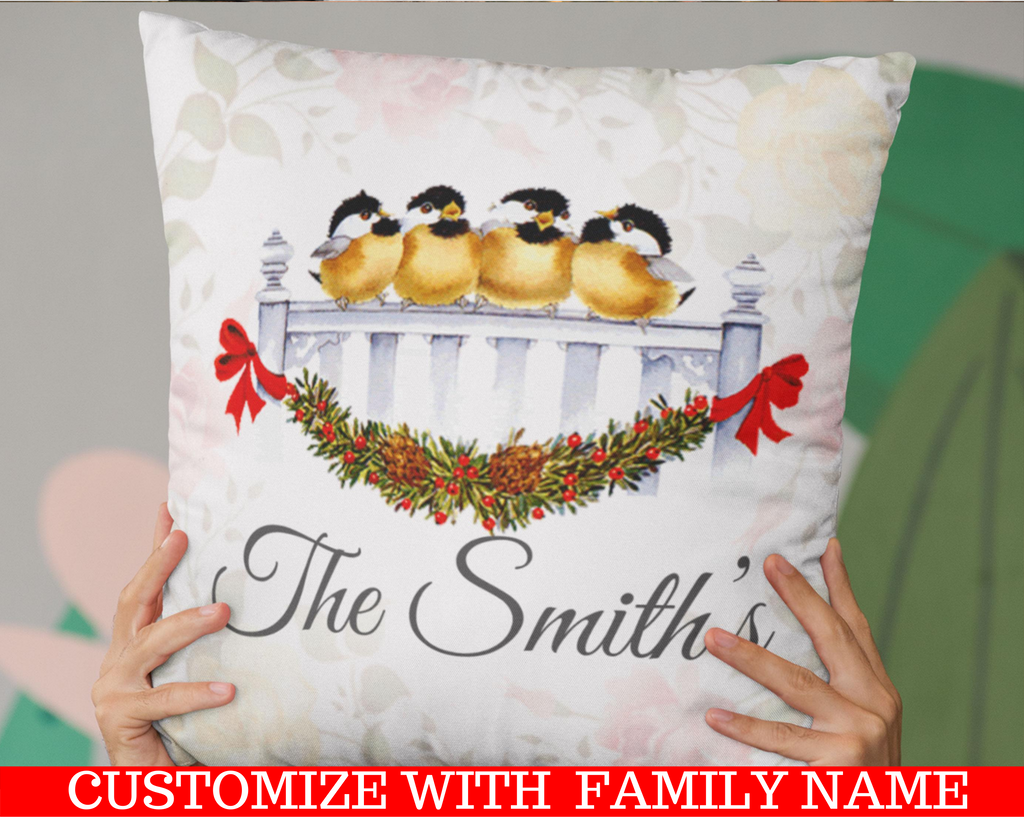 Robins Watercolor Decorative Pillow Case With Custom Personalized Family Name. Personalize the pillow with your family name or for the family that will receive this beautiful pillow case as a Christmas gift. Dimensions: 17.5 inch x 17.5 inch Material: 100% soft Polyester Zipper closure Pillow not included