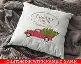 Personalized Family Name and Year Cut and Carry Vintage Christmas Tree Truck Decorative Pillow. Personalize the pillow with your family name  and year or for the family that will receive this beautiful pillow case as a Christmas gift. Dimensions: 17.5 inch x 17.5 inch Material: 100% soft Polyester Zipper closure Pillow not included
