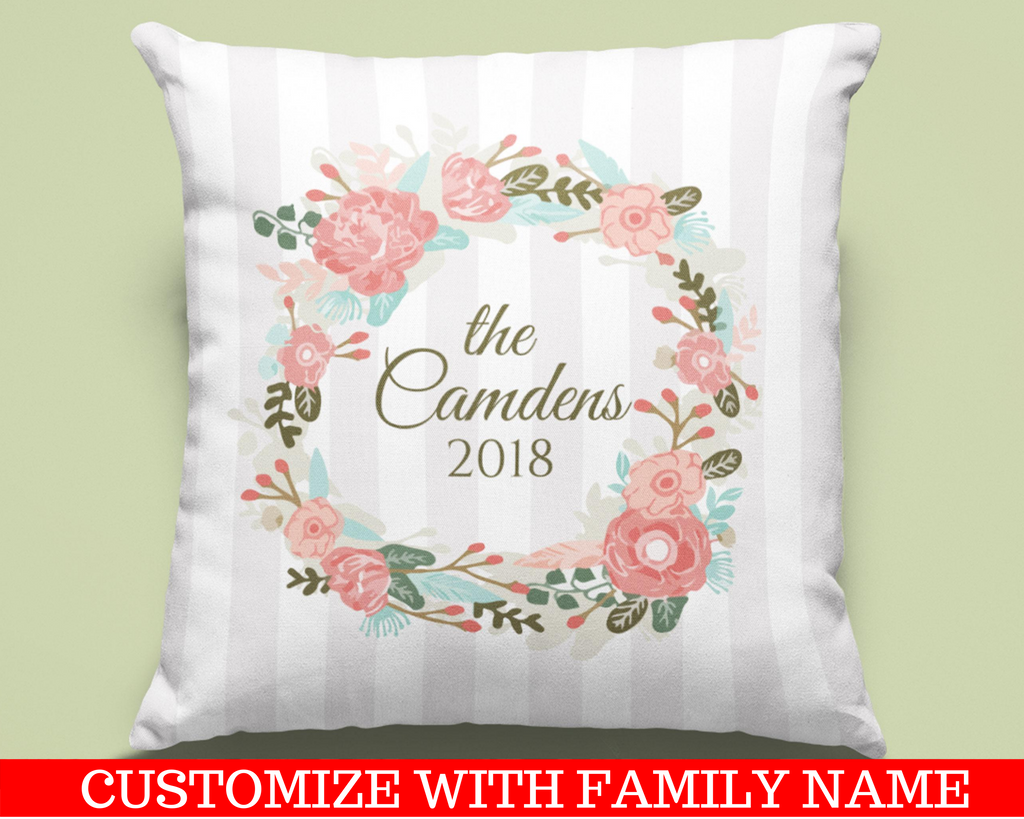 Personalized with Family Name and Year Christmas Wreath Decorative Pillow Case. Personalize the pillow with your family name and year or for the family that will receive this beautiful pillow case as a Christmas gift. Dimensions: 17.5 inch x 17.5 inch Material: 100% soft Polyester Zipper closure Pillow not included