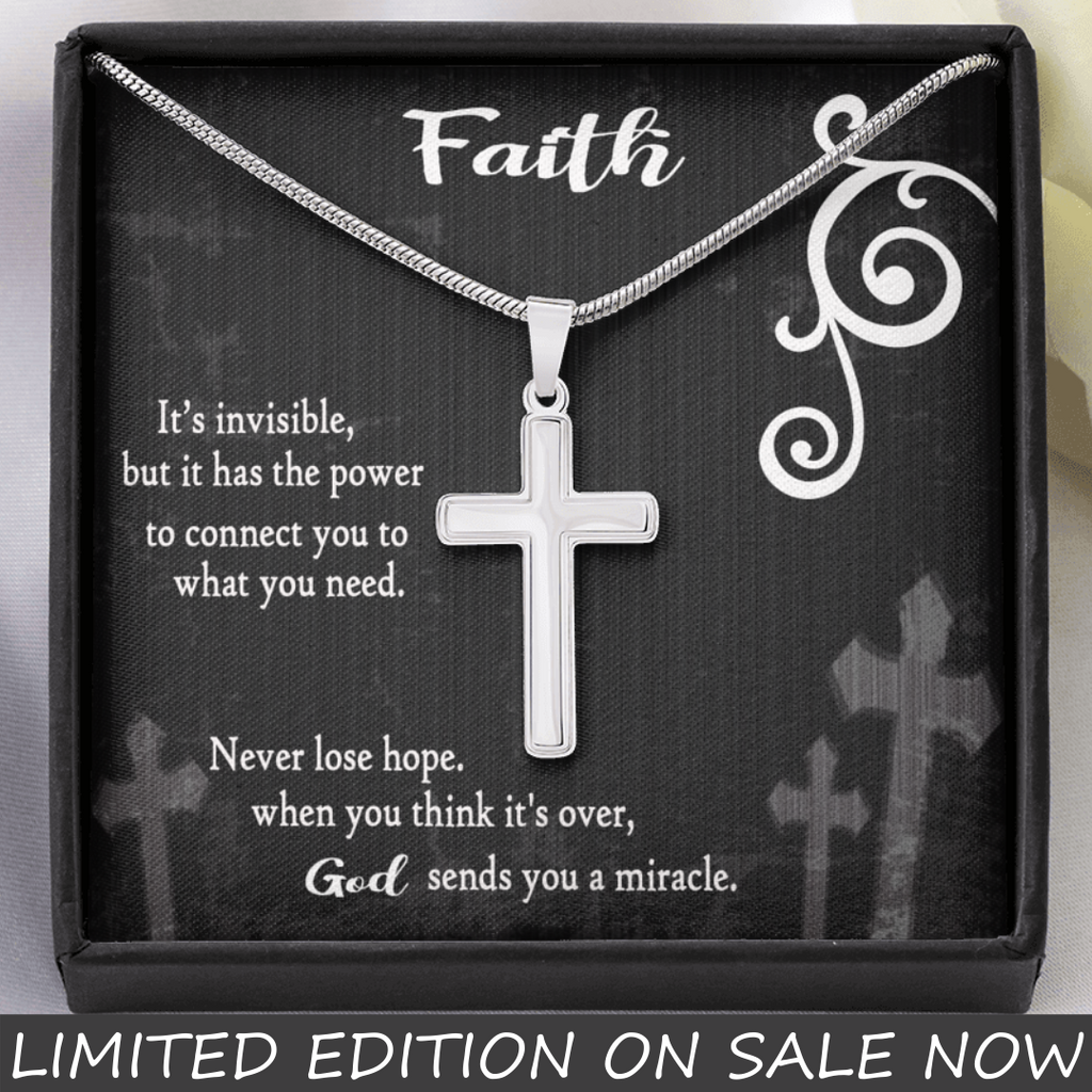Wear your faith proudly with this stunning artisan crafted 14k white gold finish Cross Necklace. Perfect gift idea for you or your loved one.  Perfect for special occasions or everyday wear.   Sizing is appropriate for all ages, and tasteful for both men and women. The artisan crafted detail makes this pendant stand out from other cross necklaces. Includes a luxury adjustable snake chain, 18" - 22" and attaches with an easy to use lobster clasp. 