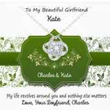 To My Beautiful Wife, Girlfriend, Bride, Bride To Be, etc custom personalized with name and text Love Knot Necklace with a free gift box and inserted message card that reads My life revolves around you and nothing else matters, Love your Husband or boyfriend or groom etc .