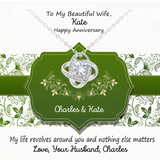 To My Beautiful Wife, Girlfriend, Bride, Bride To Be, etc custom personalized with name and text Love Knot Necklace with a free gift box and inserted message card that reads My life revolves around you and nothing else matters, Love your Husband or boyfriend or groom etc .