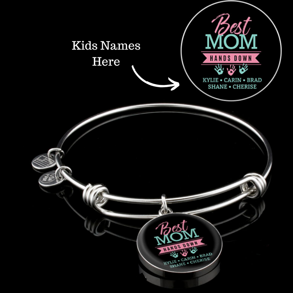 Best Mom Hands Down  Custom personalized with kids names round circle pendant  bangle best mom col silver