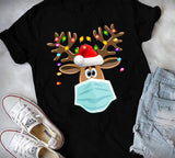 Masked Reindeer Christmas Unisex Tee Shirt . Reindeer has a blue mask , red santa hat and Christmas lights on the antlers. Very cute and comfortable!