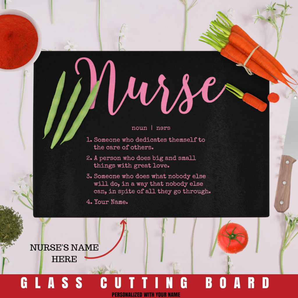 Personalized Nurse Definition Rectangle Glass Cutting Board  Perfect gift for Birthday's Christmas, Mother's day and many more occasions including recently graduated nurses or retired nurses! Nurses: Makes for an awesome gift for yourself! 11" x 15" Made from Gorilla glass for strength and durability Hand wash only.
