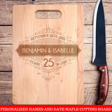 Personalized Names and Date  Decorative Years Together Premium Maple Cutting Board. Save 25% Now!Personalize the cutting board with the names and date we'll turn it into a personalized wooden cutting board keepsake that will be treasured for a lifetime.Makes a great Christmas, Birthday or anniversary gift.
