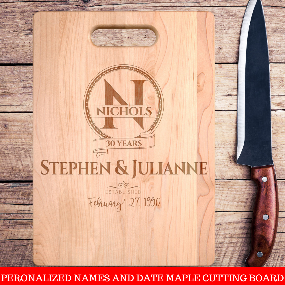 Personalized Names and Date Monogram Years Together Premium Maple Cutting Board. Save 25% Now!Personalize the cutting board with the names and date we'll turn it into a personalized wooden cutting board keepsake that will be treasured for a lifetime.Makes a great Christmas, Birthday or anniversary gift.