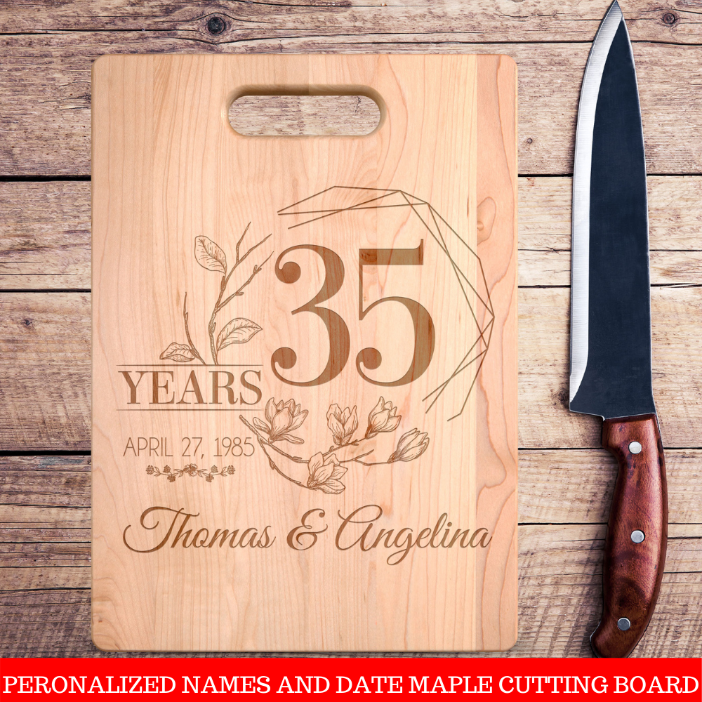 Personalized Names and Date Years Together Floral Anniversary Premium Maple Cutting Board. Save 25% Now!Personalize the cutting board with the names and date we'll turn it into a personalized wooden cutting board keepsake that will be treasured for a lifetime.Makes a great Christmas, Birthday or anniversary gift.