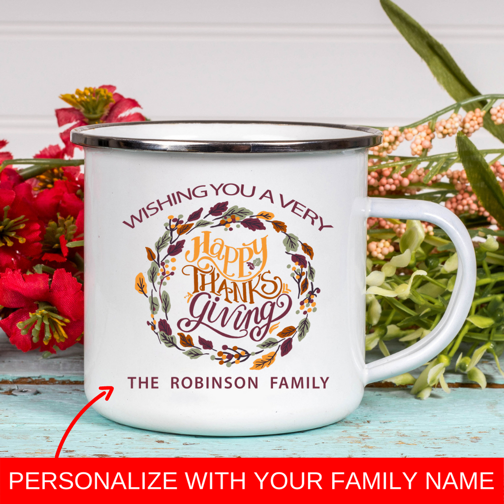 Thanksgiving Customizable with Family Name or any text Retro Style 12oz Tin Mug. On Mug is Wishing You A Very Happy Thanks Giving and your family name or any other text you'd like.