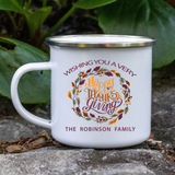 Thanksgiving Customizable with Family Name or any text Retro Style 12oz Tin Mug. On Mug is Wishing You A Very Happy Thanks Giving and your family name or any other text you'd like.