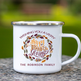 Thanksgiving Customizable with Family Name or any text Retro Style 12oz Tin Mug. On Mug is Wishing You A Very Happy Thanks Giving and your family name or any other text you'd like.