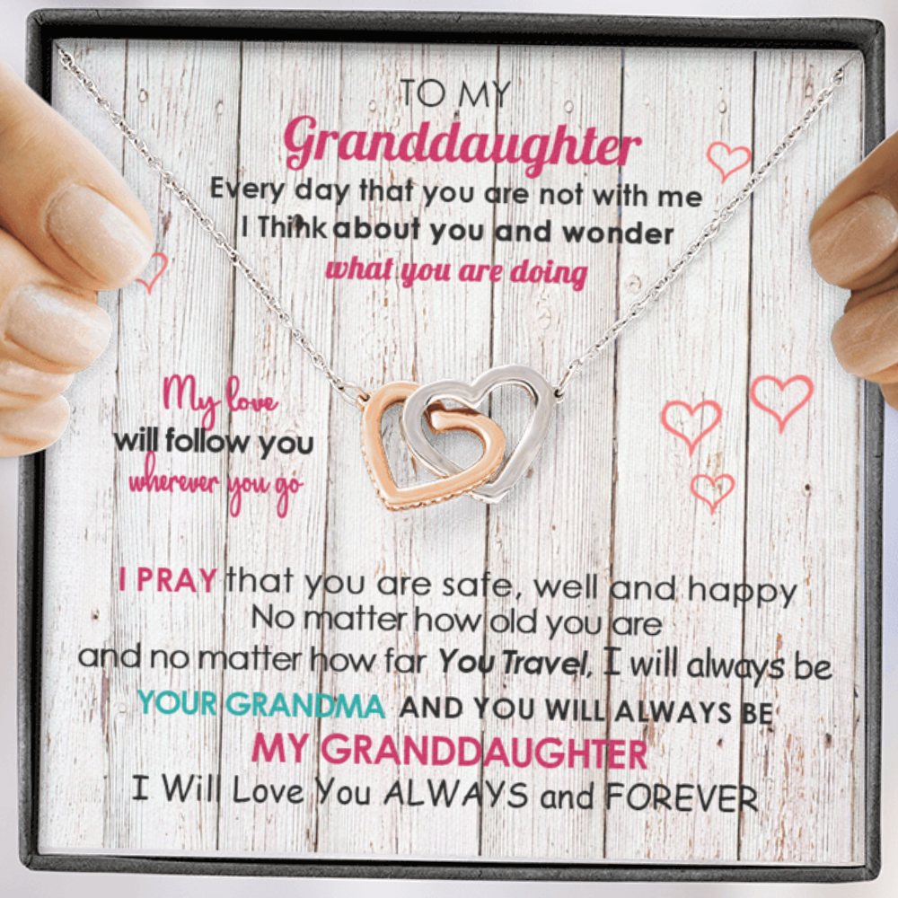 50% OFF Today with FREE SHIPPING.The Perfect Unique, One-Of-A-Kind Gift your Granddaughter will Cherish Forever. This handcrafted personalized necklace will be perfect for your Granddaughter. This necklace is truly a one-of-a-kind gift. Two hearts embellished with Cubic Zirconia stones, interlocked together as a symbol of Grandma's never-ending love.Two hearts embellished with Cubic Zirconia stones,interlocked together as a symbol of never-ending love.Adjustable cable chain 18"-22" with lobster clasp.