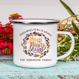 Thanksgiving Customizable with Family Name or any text Retro Style 12oz Tin Mug. On Mug is Wishing You A Very Happy Thanks Giving and your family name or any other text you'd like.