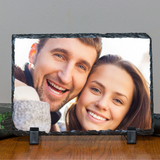 Personalized Custom Photo or Image Rectangle Decorative Stone Slate. Comes with two Black Plastic Stands to display on any desk or mantle. 7"w x 5"h x 3/8" Thick. Personalize with any Family, Pet or other photo/image to create a keepsake that will last a lifetime. Memorialize a loved one or use your favorite inspirational quote. Perfect gift for Christmas, Birthday's, Anniversaries, Mother's day and many more occasions.