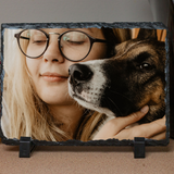 Personalized Custom Photo or Image Rectangle Decorative Stone Slate. Comes with two Black Plastic Stands to display on any desk or mantle. 7"w x 5"h x 3/8" Thick. Personalize with any Family, Pet or other photo/image to create a keepsake that will last a lifetime. Memorialize a loved one or use your favorite inspirational quote. Perfect gift for Christmas, Birthday's, Anniversaries, Mother's day and many more occasions.