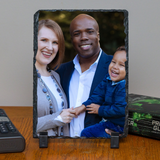 Personalized Custom Photo or Image Rectangle Decorative Stone Slate. Comes with two Black Plastic Stands to display on any desk or mantle. 5"w x 7"h x 3/8" Thick. Personalize with any Family, Pet or other photo/image to create a keepsake that will last a lifetime. Memorialize a loved one or use your favorite inspirational quote. Perfect gift for Christmas, Birthday's, Anniversaries, Mother's day and many more occasions.