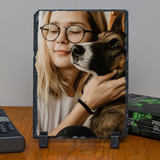 Personalized Custom Photo or Image Rectangle Decorative Stone Slate. Comes with two Black Plastic Stands to display on any desk or mantle. 5"w x 7"h x 3/8" Thick. Personalize with any Family, Pet or other photo/image to create a keepsake that will last a lifetime. Memorialize a loved one or use your favorite inspirational quote. Perfect gift for Christmas, Birthday's, Anniversaries, Mother's day and many more occasions.