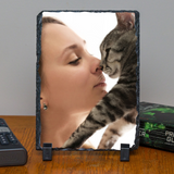 Personalized Custom Photo or Image Rectangle Decorative Stone Slate. Comes with two Black Plastic Stands to display on any desk or mantle. 5"w x 7"h x 3/8" Thick. Personalize with any Family, Pet or other photo/image to create a keepsake that will last a lifetime. Memorialize a loved one or use your favorite inspirational quote. Perfect gift for Christmas, Birthday's, Anniversaries, Mother's day and many more occasions.
