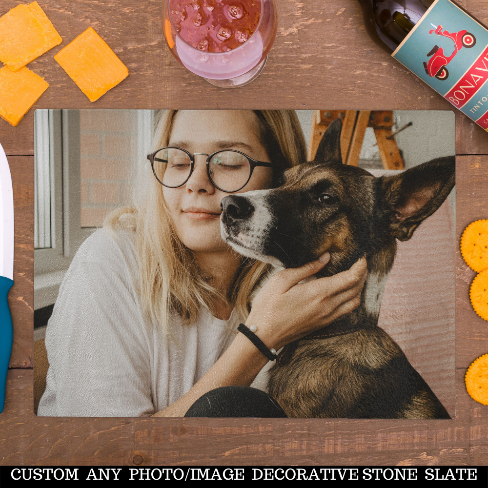 Personalized Custom Photo or Image Rectangle Glass Cutting Board. 11"w x 15"h. Personalize with any Family, Pet or other photo/image to create a keepsake that will last a lifetime. Perfect gift for Christmas, Birthday's, Anniversaries, Mother's day and many more occasions.