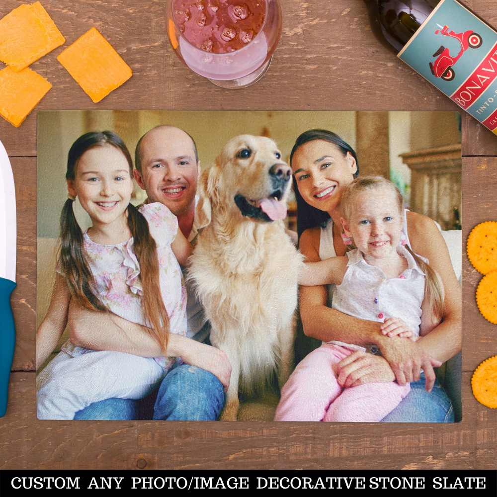 Personalized Custom Photo or Image Rectangle Glass Cutting Board. 11"w x 15"h. Personalize with any Family, Pet or other photo/image to create a keepsake that will last a lifetime. Perfect gift for Christmas, Birthday's, Anniversaries, Mother's day and many more occasions.