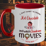 Hot Chocolate and Christmas Movies Red on inside with red handle, rest is White, 11 ounce Coffee Mug.JUST RELEASED, Limited Time Only,Not available in stores.Makes for the perfect Christmas Gift or Stocking Stuffer!   Cuddle with your lover, your family or friends and enjoy a hot (or cold) beverage while cuddling around the TV set, Laptop or fireplace! Text is I want to drink Hot Chocolate and Watch Christmas Movies with you. 