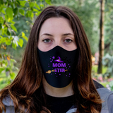 Woman wearing Black Face Mask and covering For Halloween with Momster and witch's hat and broom on it. Perfect for Halloween, yourself or Halloween Party Favors. cozy and breathable. No uncomfortable elastic to rub. Non-medical-grade,Made in USA, Washable, Reusable, Easy to speak through, non-volume-canceling