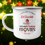 Hot Chocolate and Christmas Movies 12 ounce Camping Tin Coffee Mug. JUST RELEASED, Limited Time Only,Not available in stores.Makes for the perfect Christmas Gift or Stocking Stuffer! Cuddle with your lover, your family or friends and enjoy a hot (or cold) beverage while cuddling around the TV set, Laptop or fireplace! Text is I want to drink Hot Chocolate and Watch Christmas Movies with you.