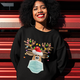 Masked Reindeer Christmas Crewneck Sweatshirt . Reindeer has a blue mask , red santa hat and Christmas lights on the antlers. Very cute and comfortable!