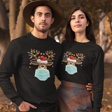 Masked Reindeer Christmas Unisex Long Sleeve Tee Shirt . Reindeer has a blue mask , red santa hat and Christmas lights on the antlers. Very cute and comfortable!